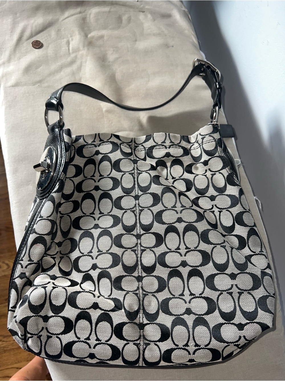 Coach Black and Cream Signature Shoulder Hobo